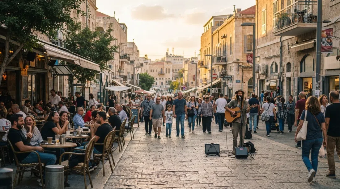 Ben Yehuda pedestrian mall in Jerusalem at late afternoon, cafe tables spilling onto the car-free street, buskers performing near Zion Square, and pedestrians moving downhill under warm limestone light