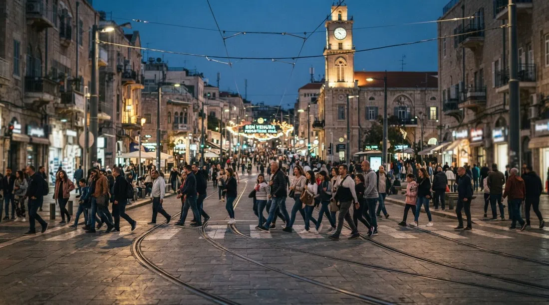 Zion Square in Jerusalem at dusk, people crossing the central crossroads under streetlights, the entrance to Ben Yehuda Street visible, with the downtown crowd gathering and dispersing