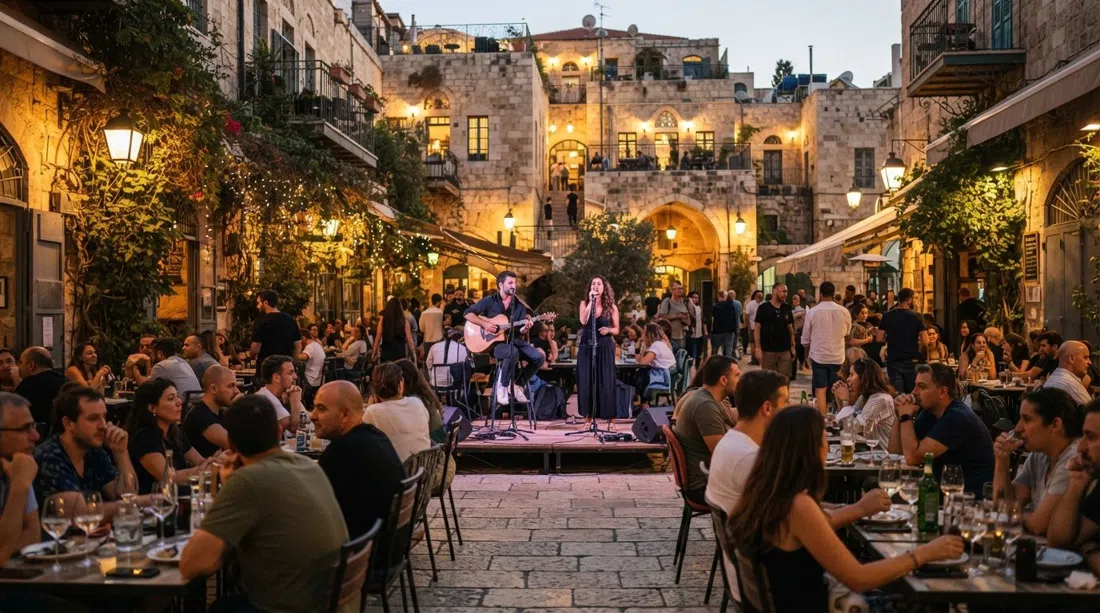 Kikar HaMusica in Nachalat Shiva at evening, musicians performing in the stone square while restaurant terraces glow with warm light and diners sit under vines