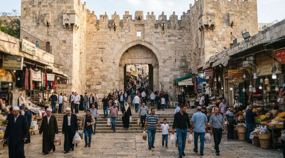 Damascus Gate’s sunken plaza at the edge of the Old City, pedestrians crossing under the stone arch with market stalls and Arabic signage in late afternoon light