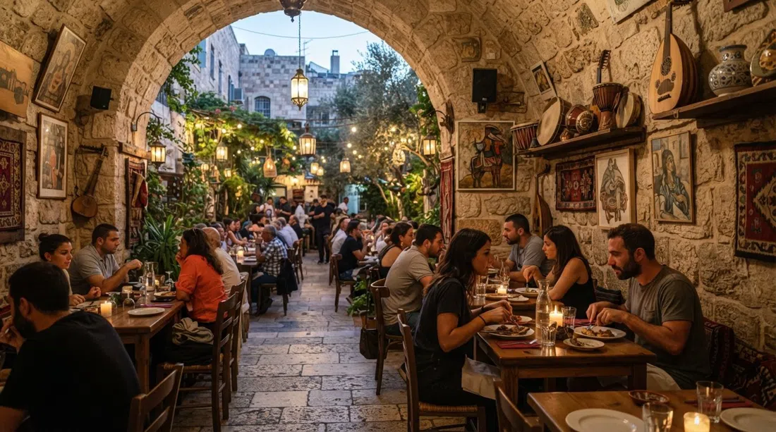 Askadinya’s stone-walled dining room in Sheikh Jarrah, local art and antique instruments on the walls, with a summer patio set for evening service