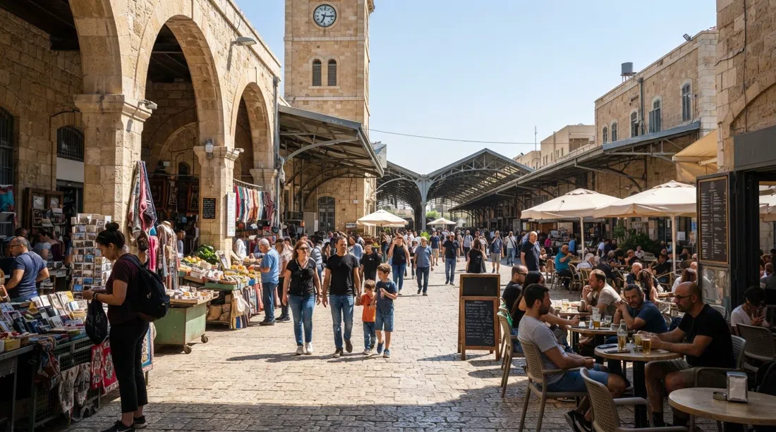 the First Station complex on a bright afternoon, pedestrians under the old railway arches with market stalls and café tables spread across the open plaza