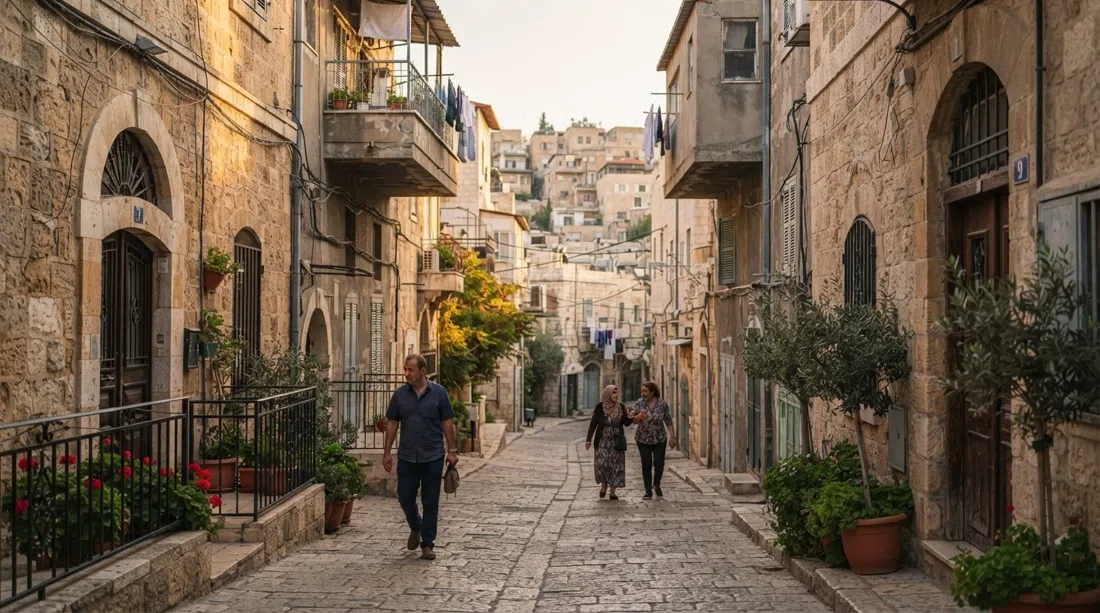 honey-coloured limestone mansions and later concrete upper floors along a narrow Musrara street, late afternoon light catching arched entrances and patched facades