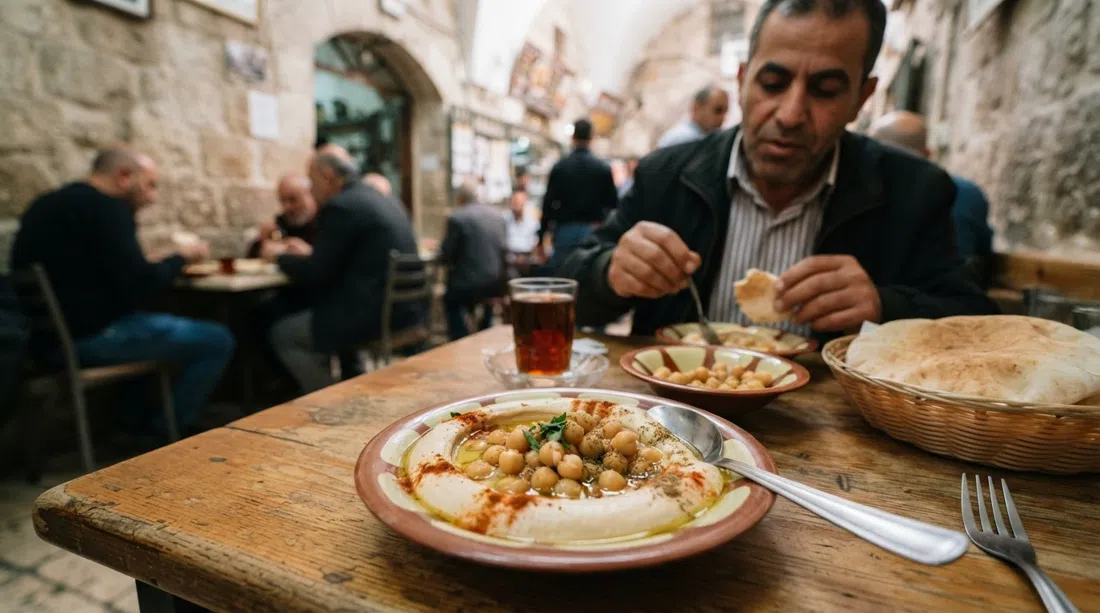 a plate of whole-chickpea hummus at Abu Shukri in the Old City, creamy hummus with whole chickpeas and a warm, close-up table view