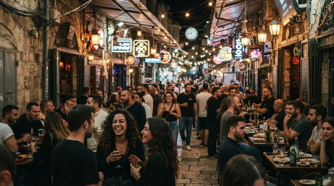 Mahane Yehuda Market at night, covered alleys glowing with bar lights and people moving between late-night eateries after the stalls close