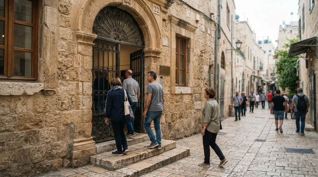 the Musrara Art Gallery entrance at 22 Shivtei Israel Street, a preserved stone façade with visitors arriving for a daytime exhibition