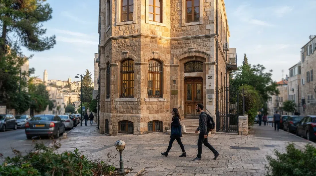 the preserved stone building of Ma'aleh School of Television, Film and the Arts at 20 Shivtei Israel Street, seen from the sidewalk in soft morning light
