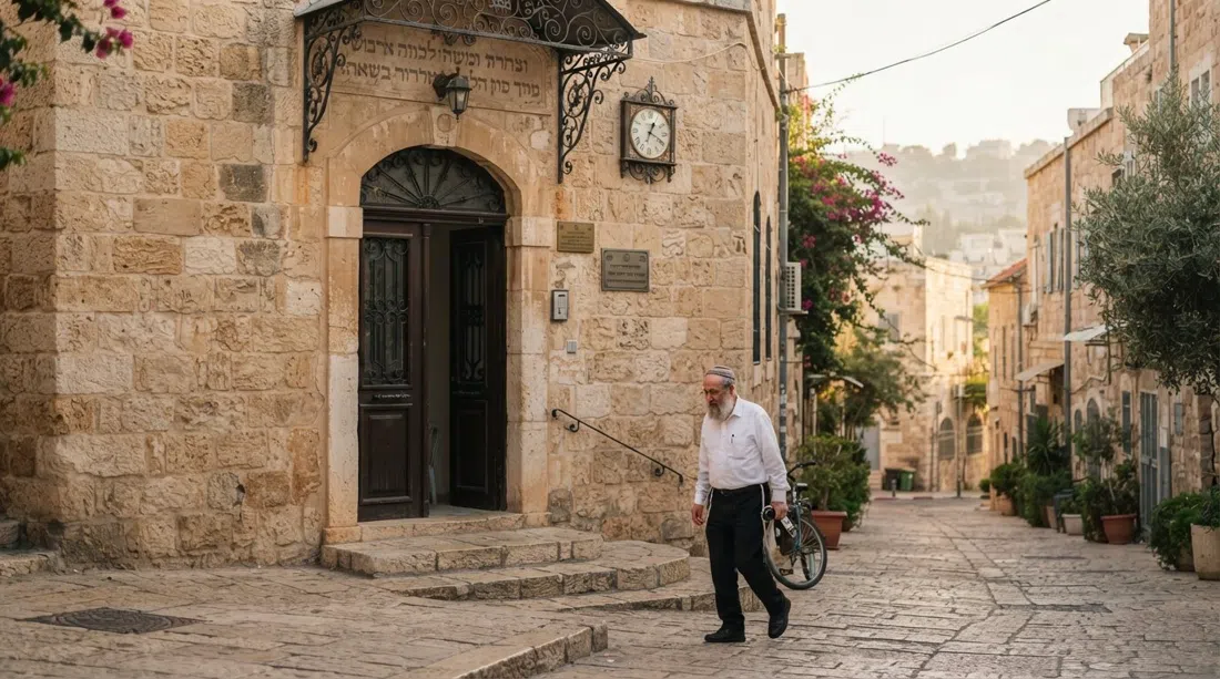 the Ades Synagogue on Beer Sheva Street in Nachlaot, a modest stone facade and doorway in soft morning light