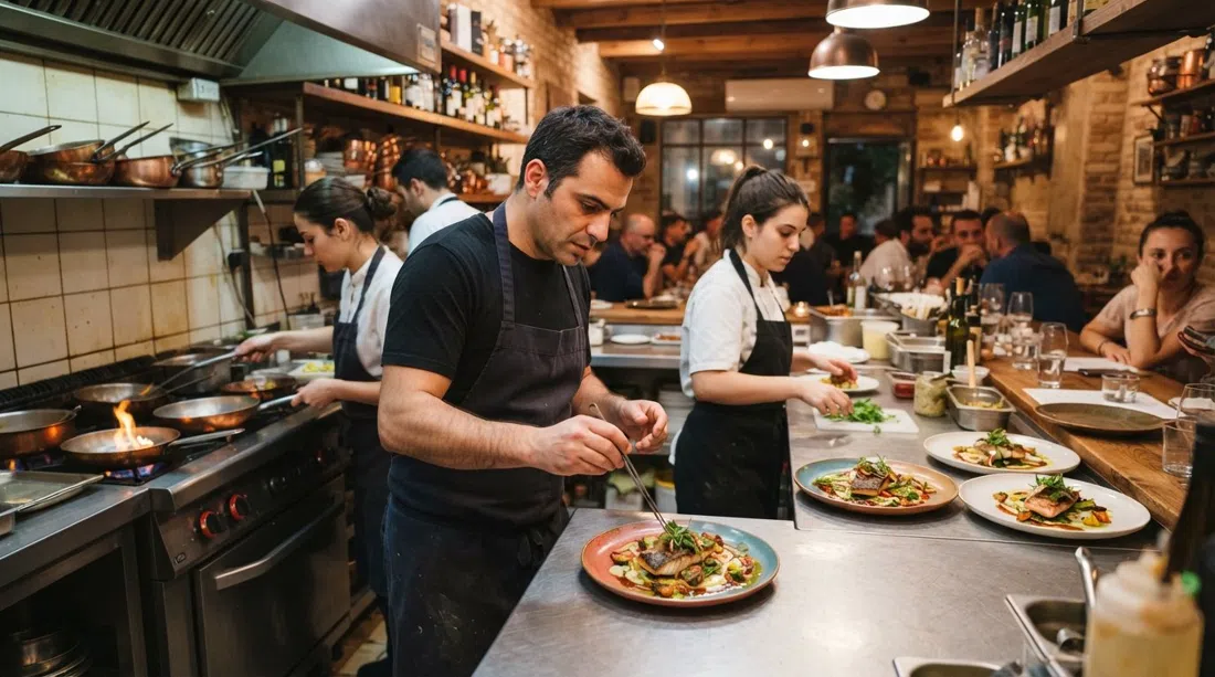 the open-kitchen dining room at Machneyuda, chefs working behind the pass while plates move through warm evening light