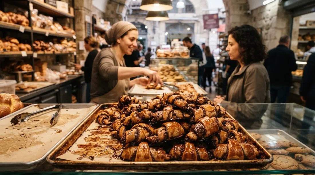 warm chocolate rugelach at Marzipan Bakery on the Agripas side of Mahane Yehuda, stacked pastries gleaming from the oven