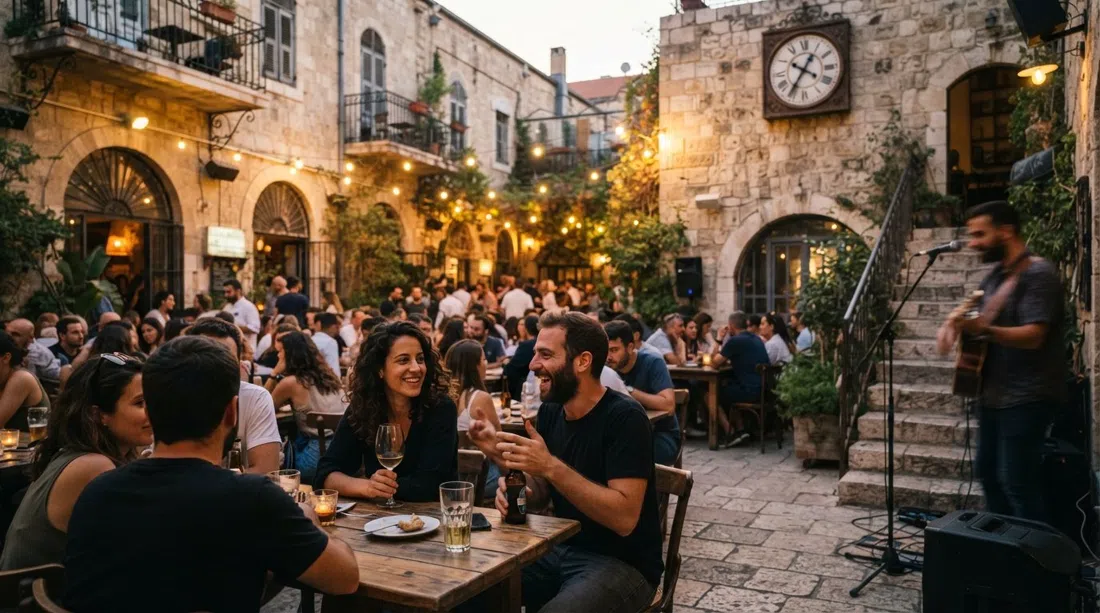 the courtyard seating at Casino de Paris in a former British-Mandate hall, warm evening drinks and live-music atmosphere