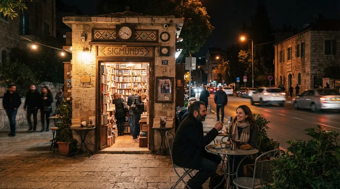 Sigmund’s converted kiosk on Azza Road at night, bookshelf visible inside and small tables glowing under streetlights