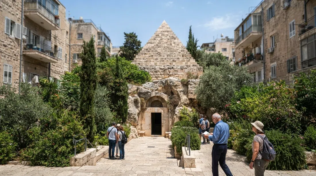 Jason’s Tomb garden on Alfasi Street, the restored pyramid roof and rock-cut entrance framed by residential buildings