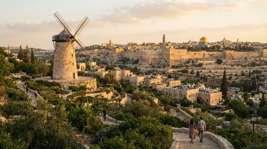 the Montefiore Windmill stone tower above Yemin Moshe at golden hour, with the Old City walls and Tower of David across the Hinnom Valley
