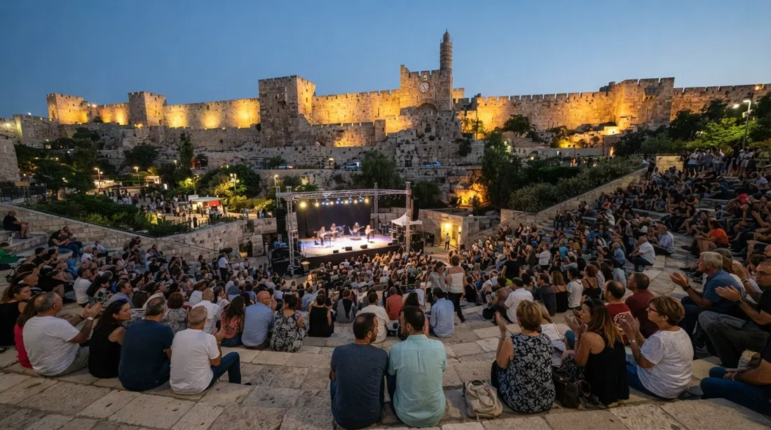 Sultan's Pool below the Old City walls, with the Merrill Hassenfeld Amphitheatre seating at summer dusk and floodlit stone above