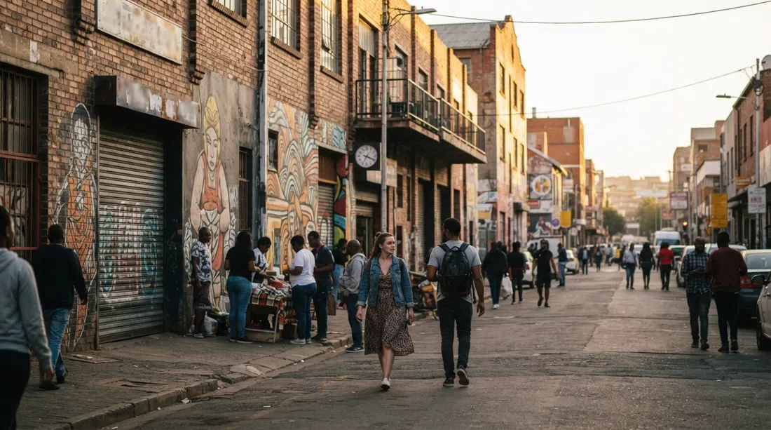 Fox Street in Maboneng at late afternoon, exposed brick warehouses, roller-door shopfronts and large-scale murals catching warm light