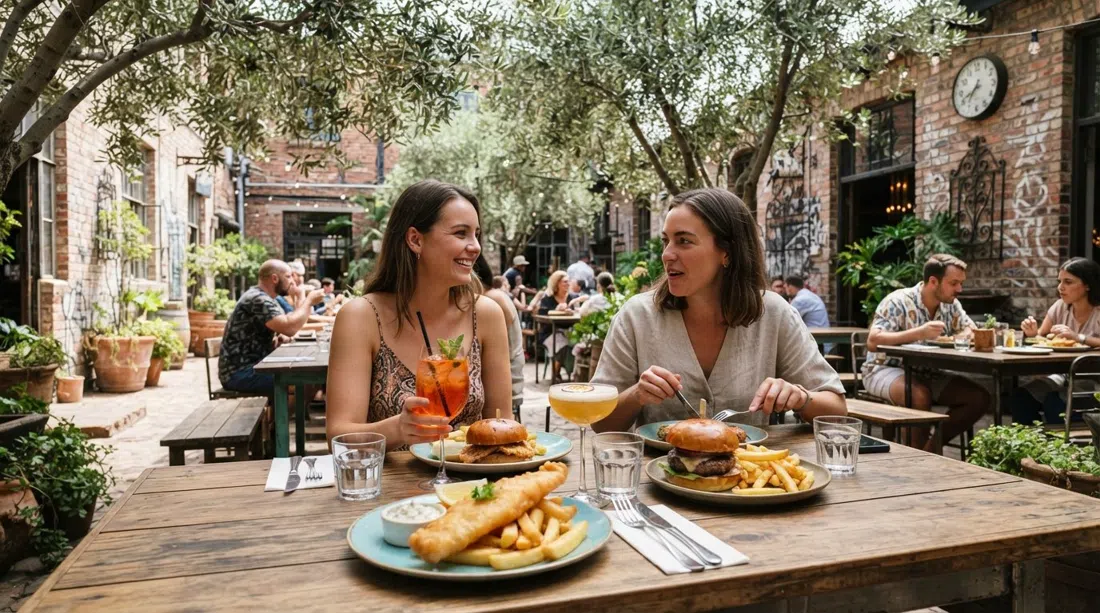 The Canteen in the Arts on Main courtyard, olive trees overhead, a brunch table with beer-battered fish, burger and cocktails in daylight