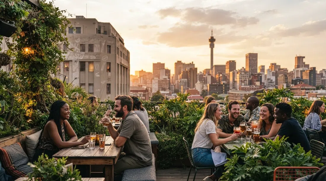 The Living Room rooftop on the 5th floor of Main Change building, plant-draped seating and skyline view at sunset