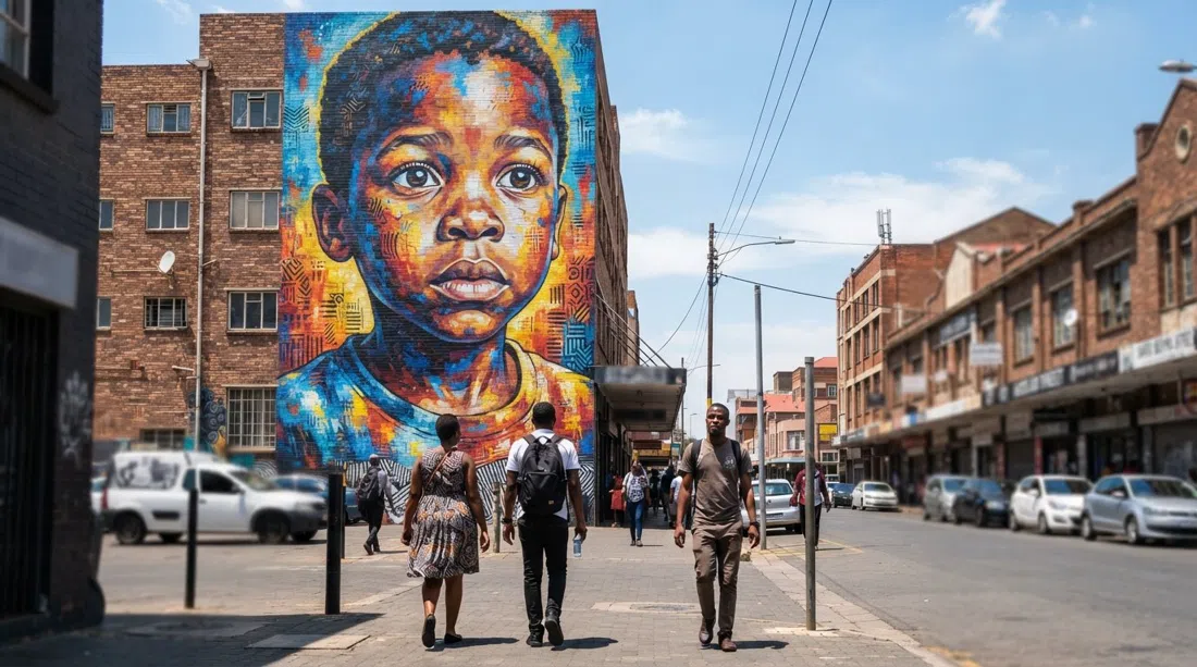 A large Nelson Makamo mural on Van Beek Street in Maboneng, bright portrait colours rising above the street at midday