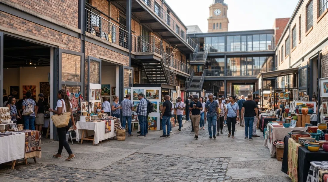 Arts on Main warehouse courtyard with gallery doors open, people moving between studios and the Sunday market in bright morning light