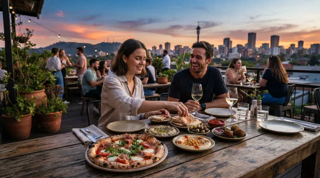 a wood-fired pizza and Middle Eastern small plates on the terrace at Pablo House, Johannesburg skyline and the Melville Koppies visible beyond at sunset