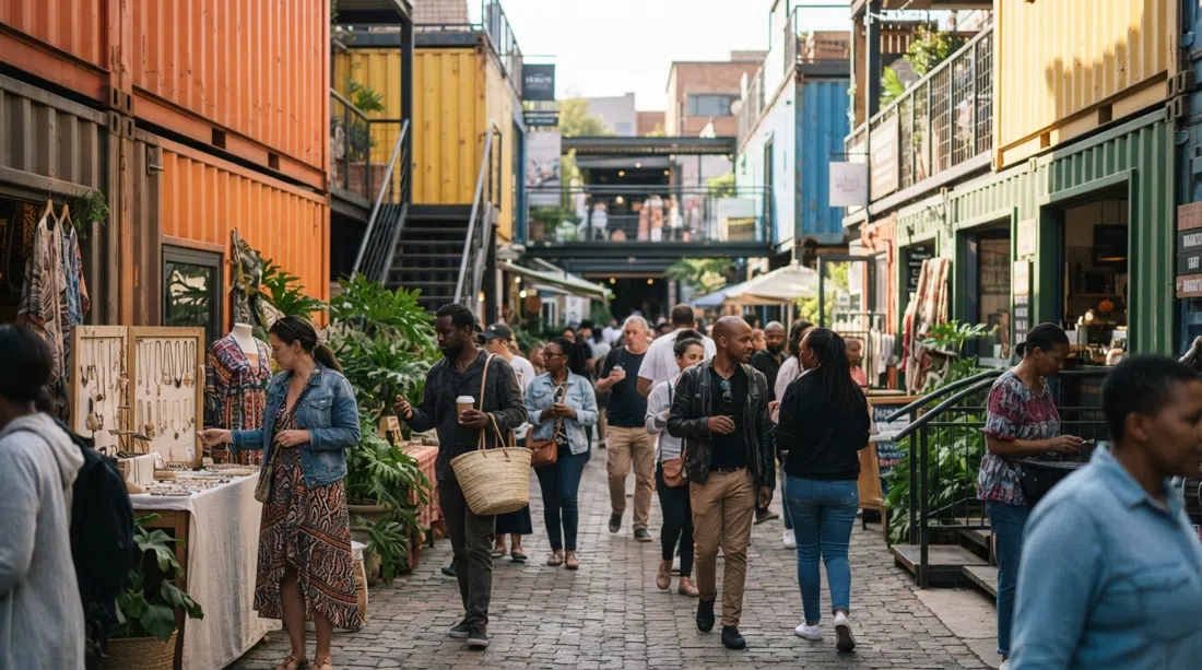 27 Boxes on 4th Avenue made of stacked shipping containers, weekend browsers moving between craft stalls and gourmet food counters