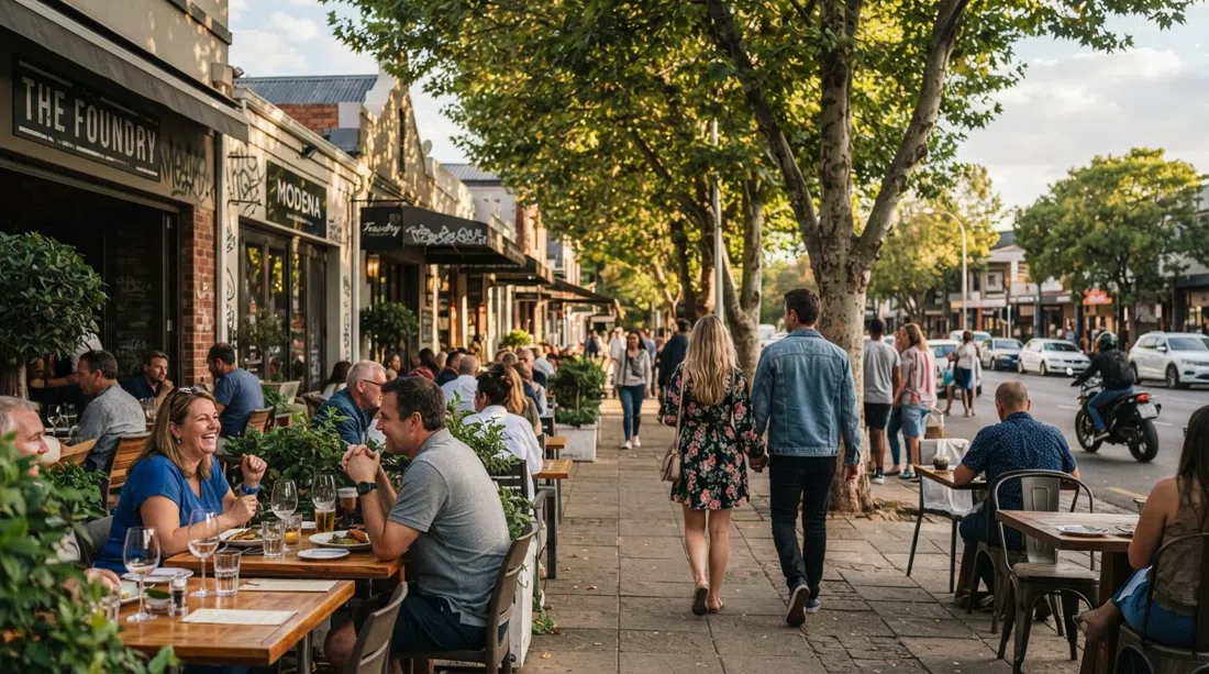 4th Avenue in Parkhurst at late afternoon, restaurant fronts opening straight onto the pavement with pedestrians strolling between tables and leafy trees overhead