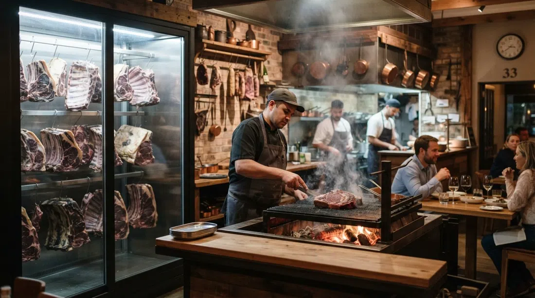 The Blockman at 33 4th Avenue in Parkhurst, with the visible aging room, hardwood-fire steakhouse interior and a cut of beef ready for the grill