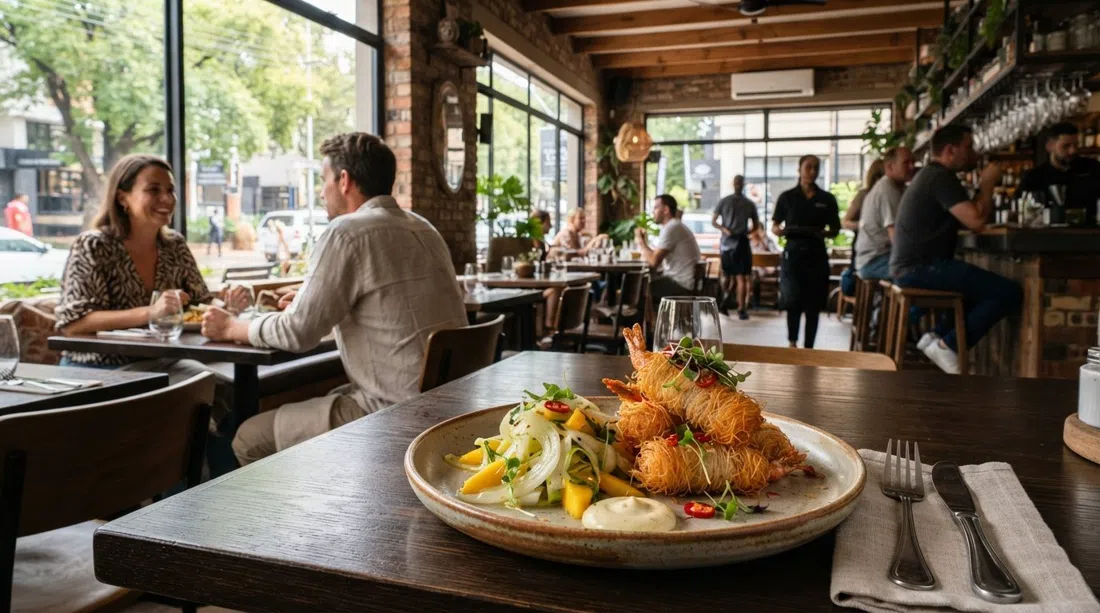 Embarc on the corner of 4th and 13th in Parkhurst, with a plated kataifi prawn dish and contemporary dining room details