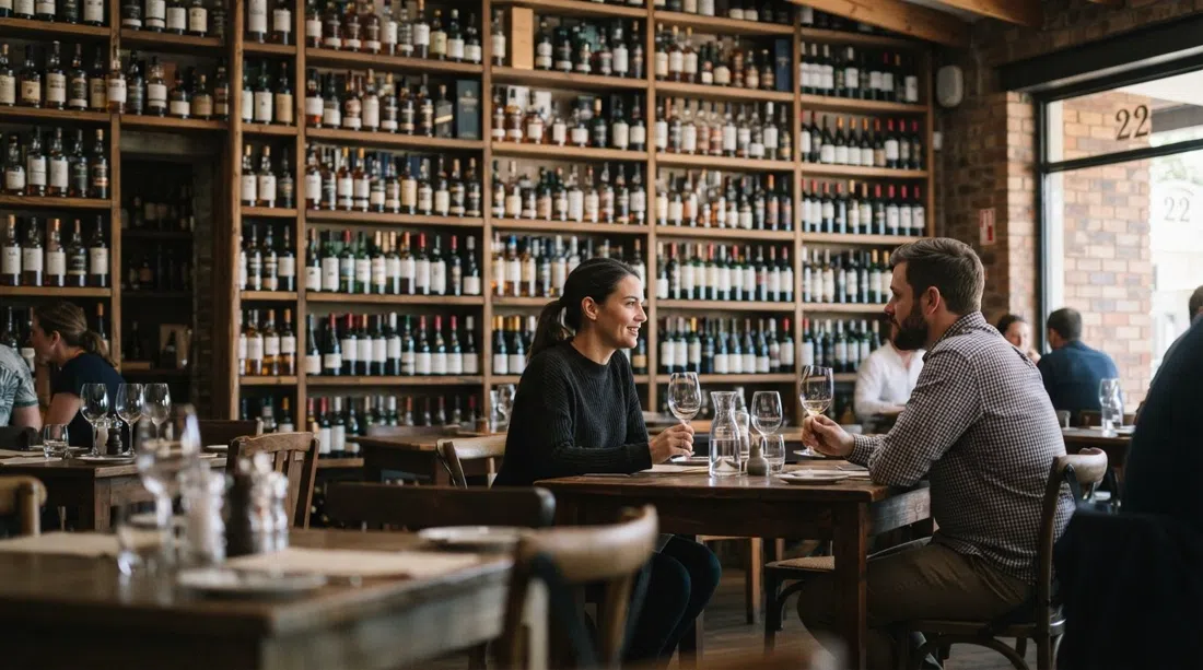 Bottega at 22 4th Avenue, showing the whisky wall stacked to the ceiling, bottles of South African wine and a small, intimate bistro setting