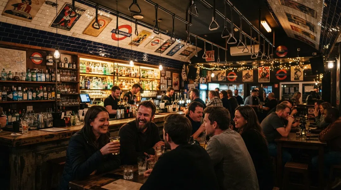 The Station at 24 4th Avenue in Parkhurst, with London Underground-themed decor, hanging handlebars and a busy gin-backbar at night
