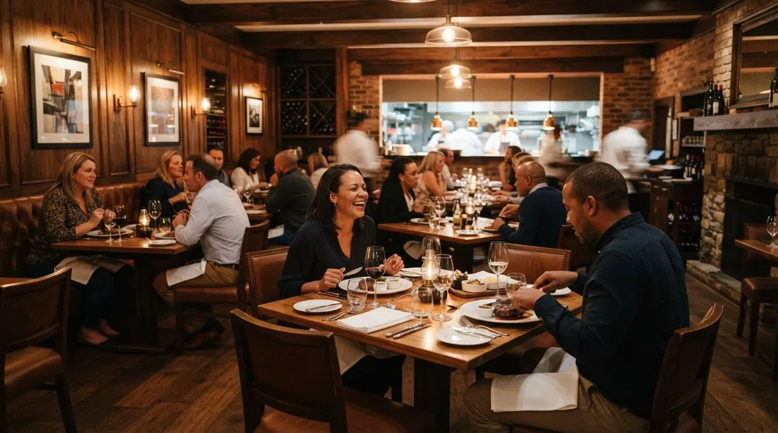 The Grillhouse dining room in The Firs, set tables and warm wood interior with the steakhouse atmosphere at dinner time