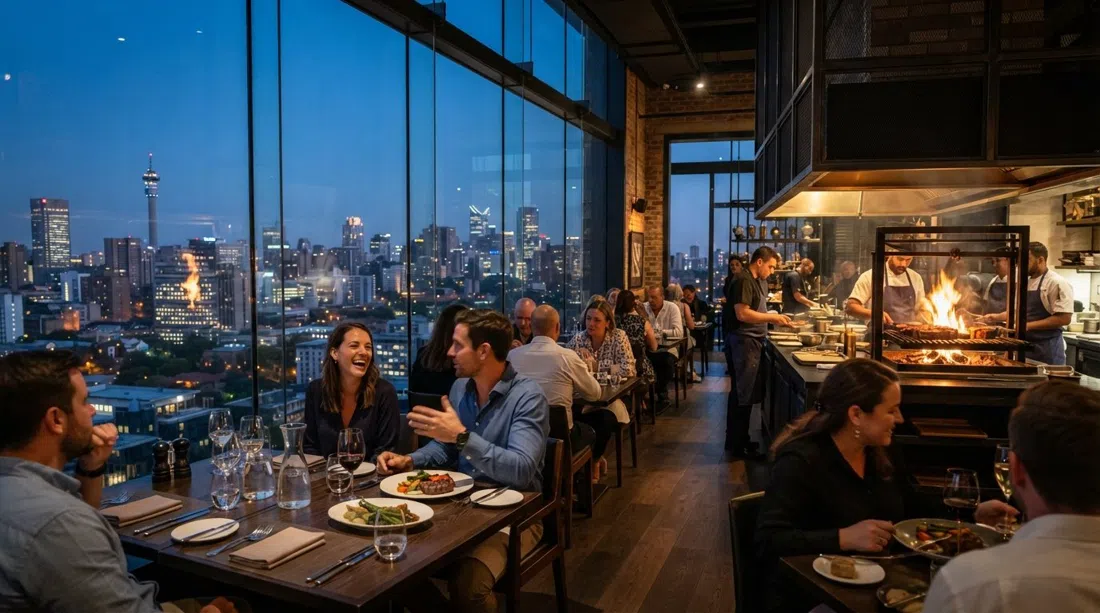 Marble restaurant on top of the Trumpet, floor-to-ceiling windows with the Johannesburg skyline and a wood-fired grill glow inside