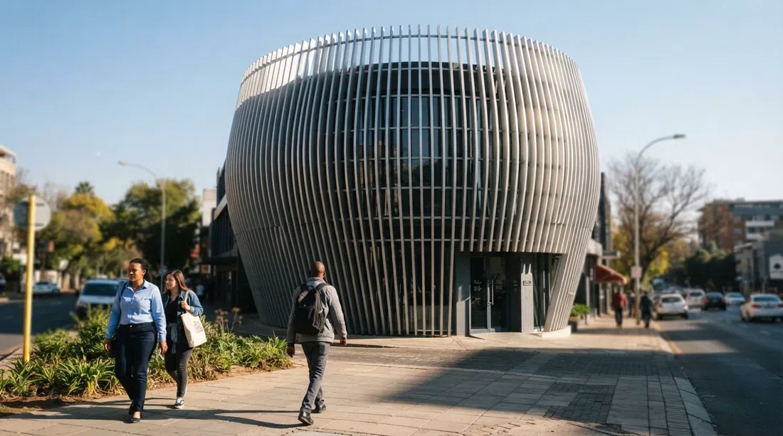 CIRCA’s drum-shaped facade on Jellicoe Avenue, the aluminium slats catching daylight with pedestrians in the foreground