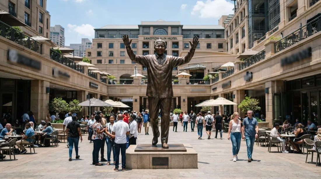 Nelson Mandela Square in Sandton with the six-metre bronze Mandela statue centered in the piazza, hotel and mall edges around it in bright midday light