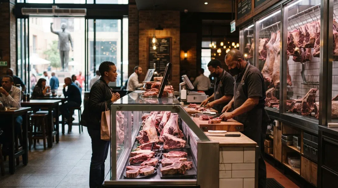 The Butcher Shop & Grill on Nelson Mandela Square with its walk-up butchery counter, dry-aged cuts displayed under warm restaurant lighting