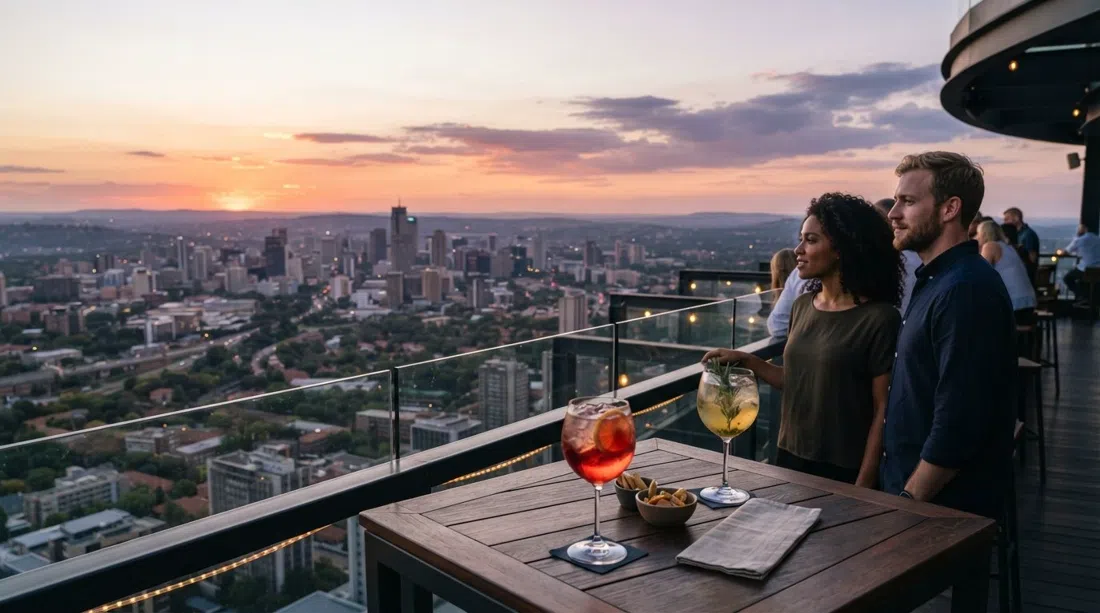 Alto234 on the 57th floor of The Leonardo with cocktail glasses and 360-degree city views stretching into the distance at sunset