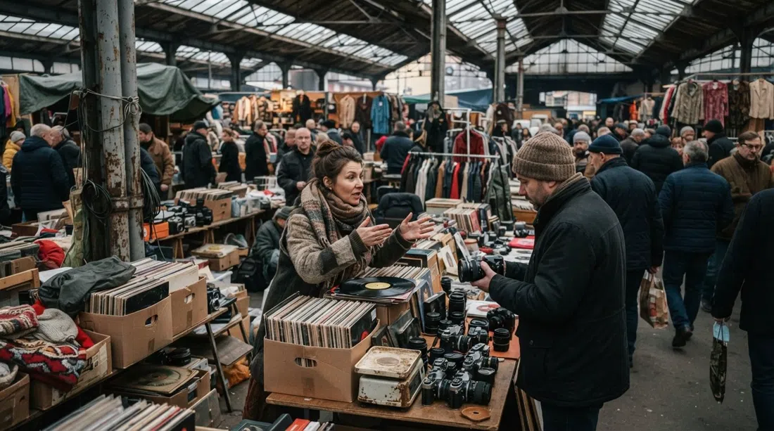 Hala Targowa in Kraków on a Sunday morning, stalls packed under the market roof with vinyl records, old cameras and vintage clothing, traders and shoppers haggling in the grey dawn light