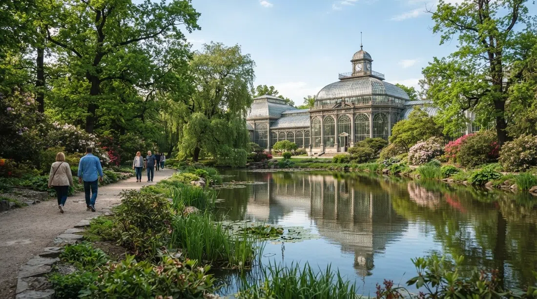 the Botanical Garden of the Jagiellonian University in Kraków, a pond bordered by old trees and Victorian-style glasshouses on a calm spring afternoon