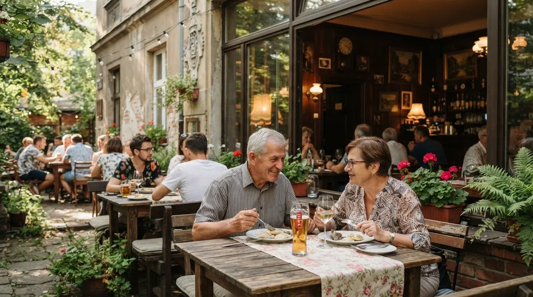 Restauracja Stylowa in Nowa Huta, Krakow, with its PRL-era dining room, warm interior details and a laid-back summer garden feel