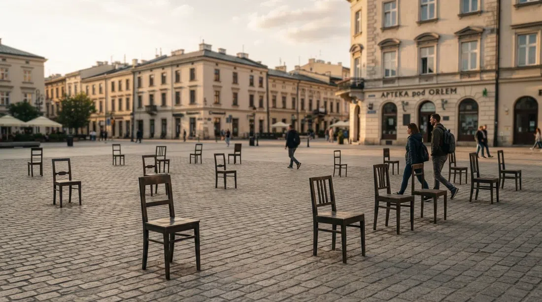 Ghetto Heroes' Square in Podgórze with the 33 empty bronze and iron chairs spread across the open plaza at late afternoon light