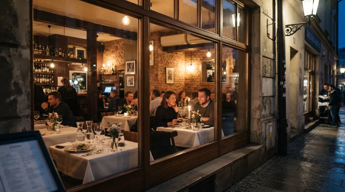 ZaKładka Bistro de Cracovie on Józefińska 2 with an intimate bistro interior, set tables and warm evening light through the windows