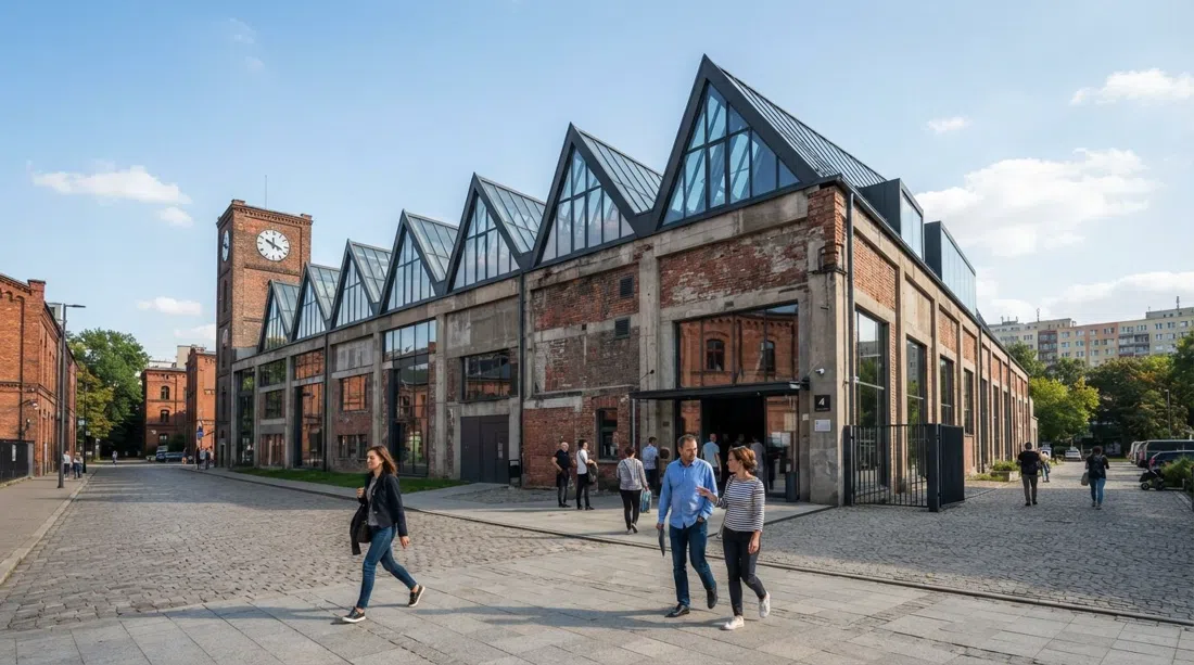 the saw-tooth roof and post-industrial facade of MOCAK on Lipowa 4 in clear daylight