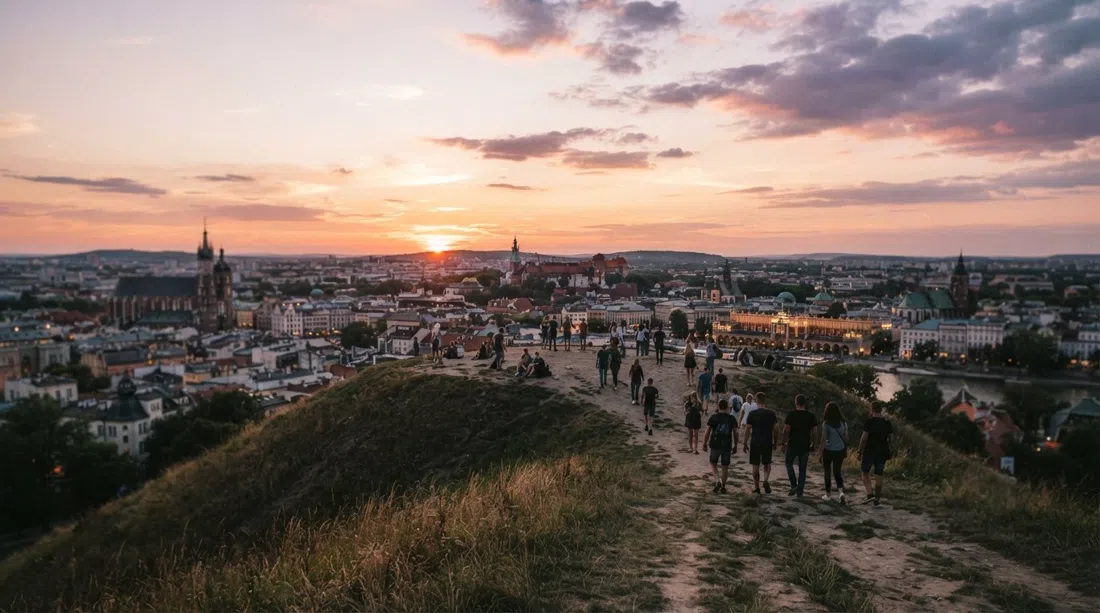 Krakus Mound at sunset with people silhouetted on the grassy slope and the Krakow skyline spread in a 360-degree panorama