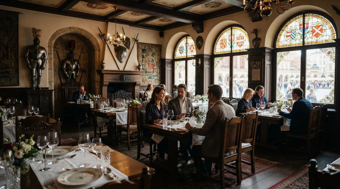 the dining room at Wierzynek on Rynek Główny, stained glass, armour details and polished tables set for a formal historic dinner