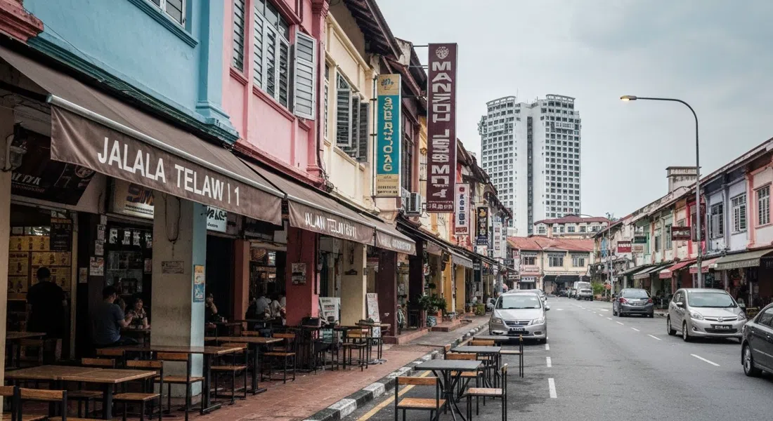 Jalan Telawi 1 in Bangsar Baru at late afternoon, shophouse fronts, parked cars and cafe tables under humid tropical light