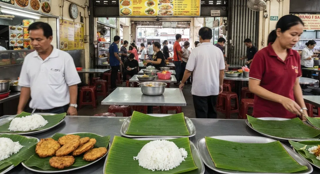 Sri Nirwana Maju on Jalan Telawi 3 during busy lunch hour, banana-leaf rice trays, fried bitter gourd and staff moving through a packed no-frills dining room