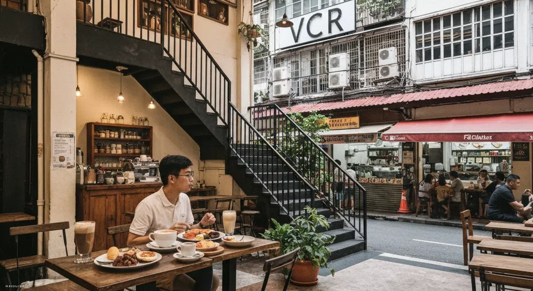 VCR on Jalan Telawi 3, multi-floor shophouse cafe interior with specialty coffee, brunch plates and filtered daylight spilling down the stairs