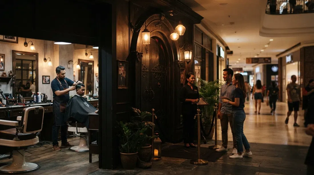Three X Co hidden behind a working barbershop inside Bangsar Shopping Centre, moody speakeasy entrance and warm cocktail-bar lighting
