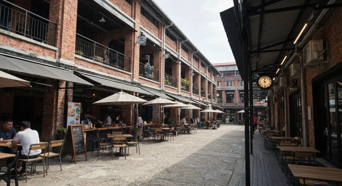 APW Bangsar on Jalan Riong, the former printing works courtyard with cafe seating, creative-market stalls and industrial brick textures in daylight
